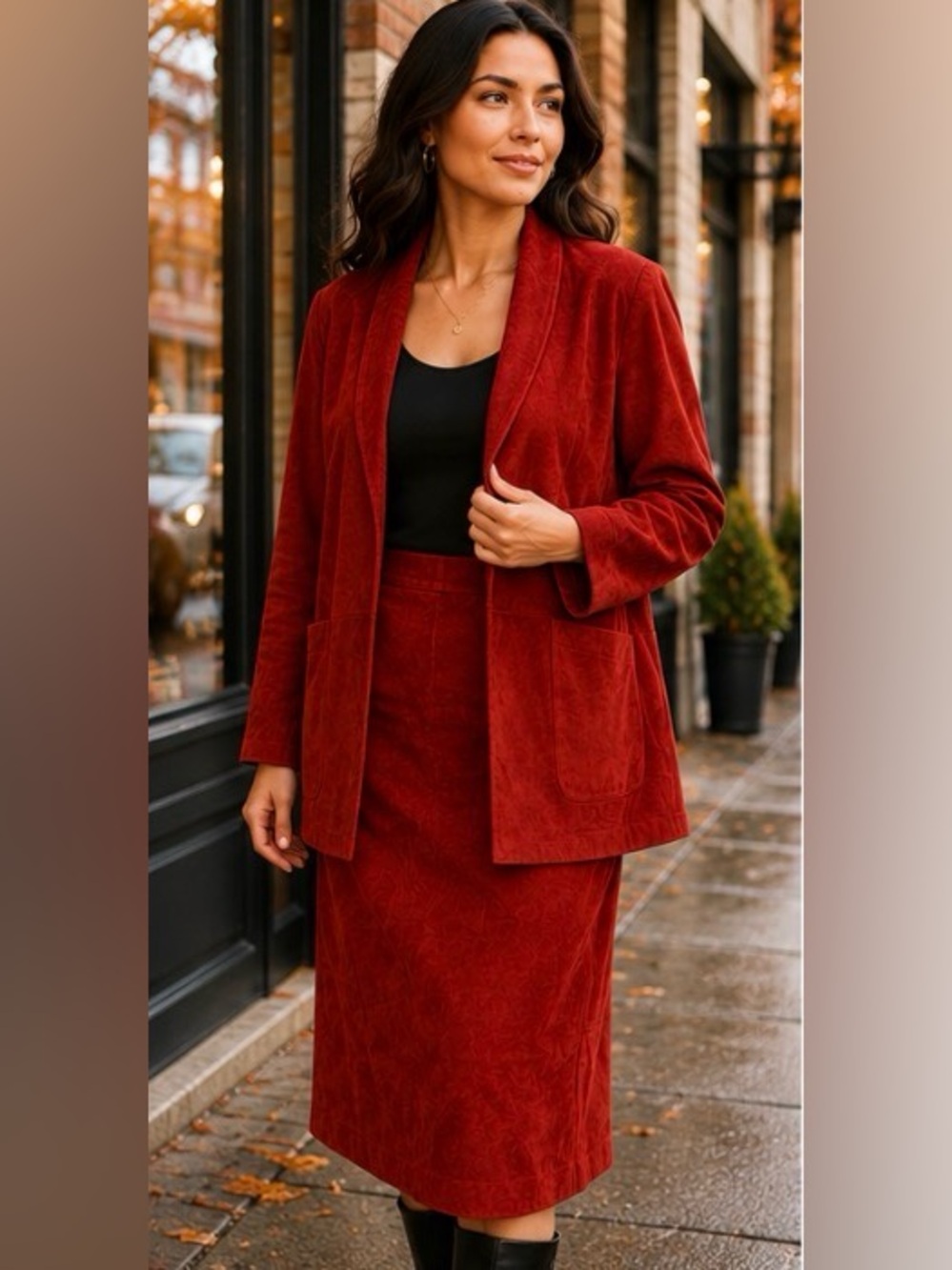 Vintage Danier Red Suede Leather Skirt Suit L Jacket Midi Skirt Set